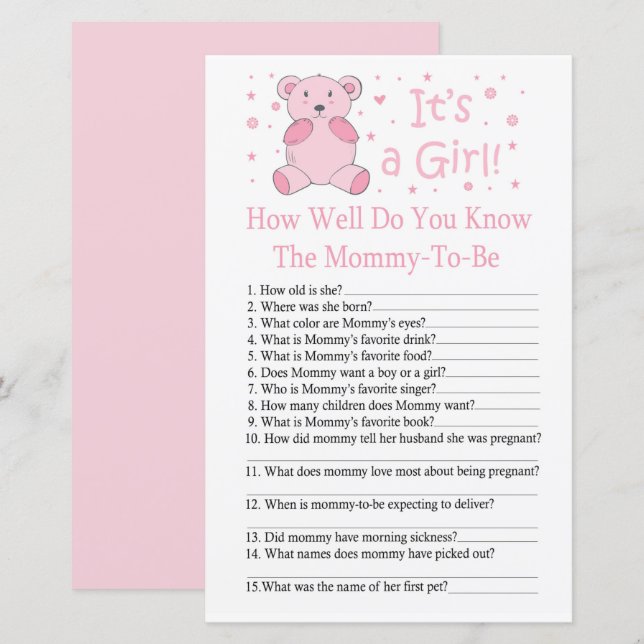Urso rosa Quão bem você conhece o chá de bebê jogo (Frente/Verso)