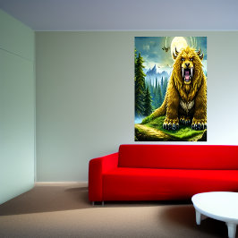 Urso sabertooth de ouro fantasia | AI Art Poster