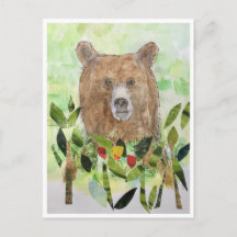 Urso sonolento nas folhas - cartão postal de aquar