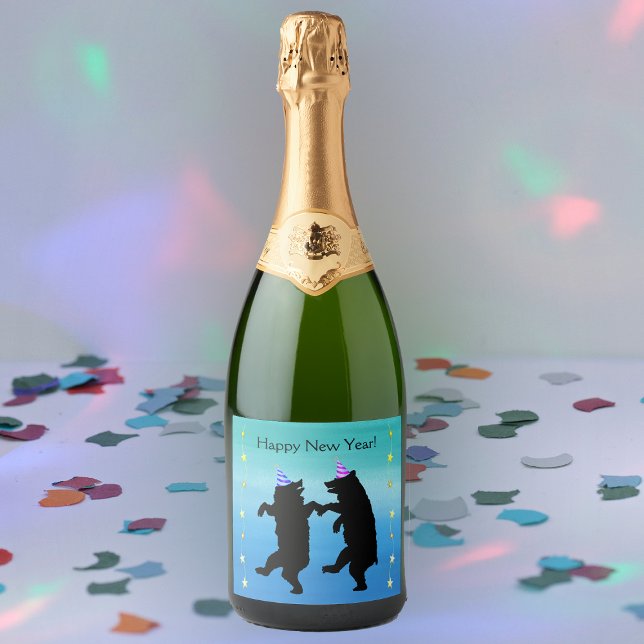 Ursos de festa preta dançando com chapéus e estrel (Dancing black bears party hats bright yellow stars shades of blue Happy New Year wine bottle label.)