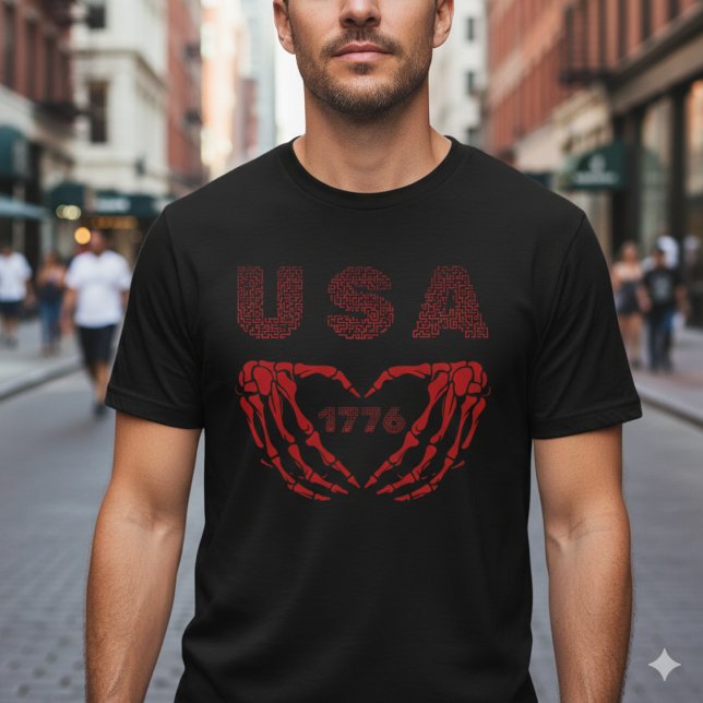 USA 1776 Patriotic Skeleton Heart Hands T-Shirt (Criador carregado)