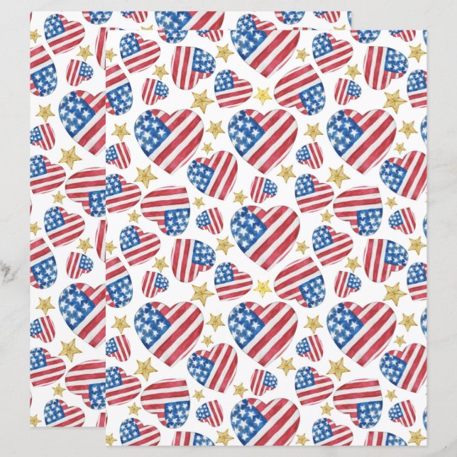 USA 250th Anniversary Retro Hearts Scrapbook Paper (Frente/Verso)