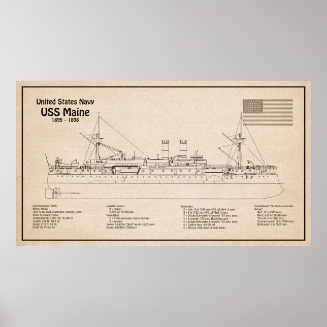 USS Maine - Planos de Impressão Blueprint de Entre (Frente)