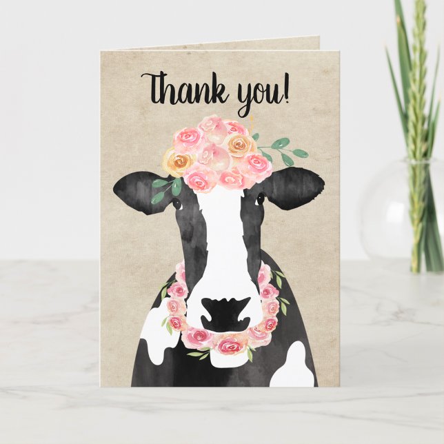 Vaca branca com Cartões de agradecimentos Russo Co (Black and White Cow Thank you note with a flower crown and necklace)