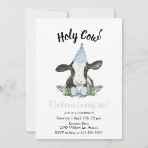 Vaca com chapéu de festa azul com convite de impre