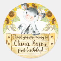 Vaca e girassol, etiqueta de círculo de aniversári
