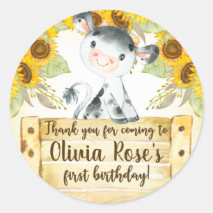 Vaca e girassol, etiqueta de círculo de aniversári