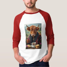 Vaca escocesa com t-shirt de chá