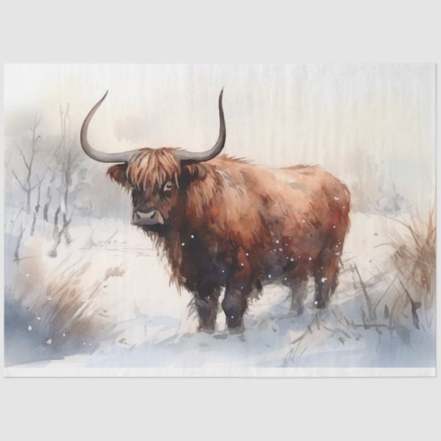 Vaca Highland em Papel de Decoupage na Neve 4 (Frente )