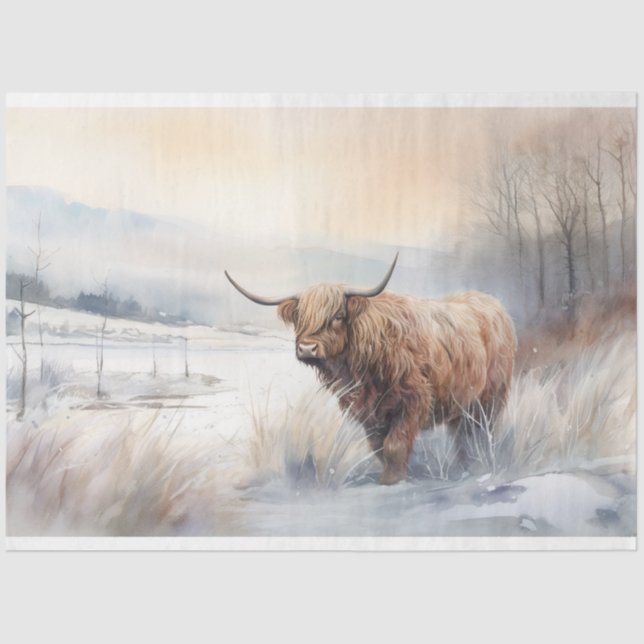 Vaca Highland no Papel de Decoupage da Neve 3 (Frente )