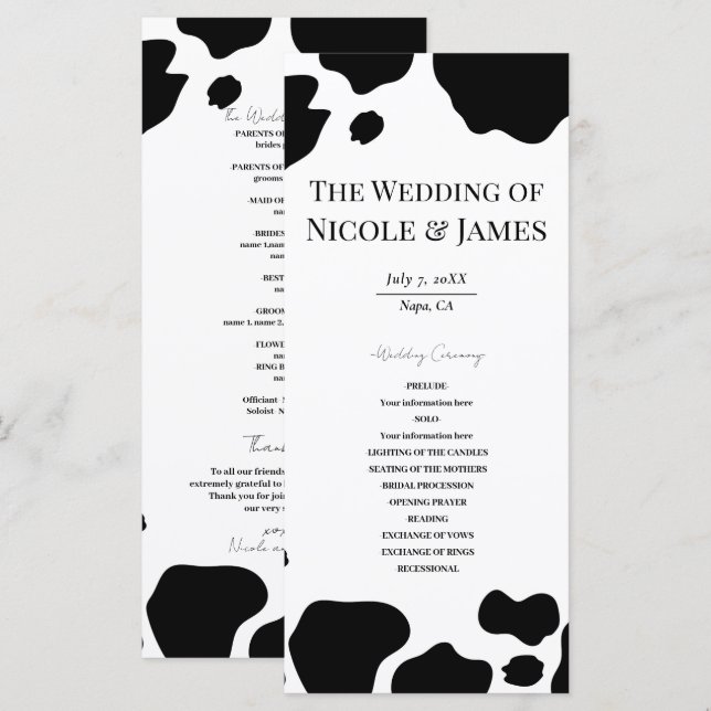 Vaca Manchas Impressão Programa de Casamento Preto (Frente/Verso)