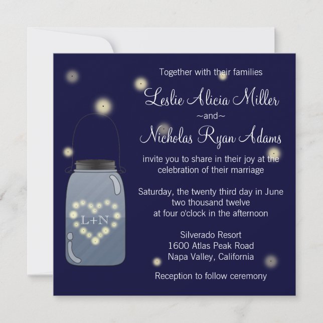 Vagalumes no Convite para Casamento do Coração Mas (Frente)