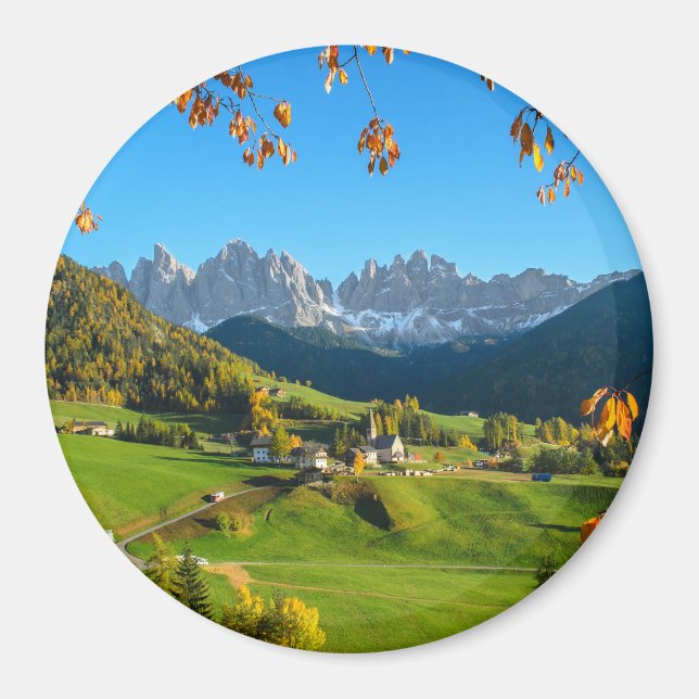 Val di Funes com íman redondo de folhas de outono (Frente)