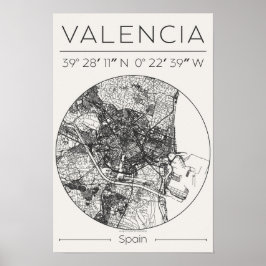 Valencia City Map Poster Minimal Charcoal Wall Art
