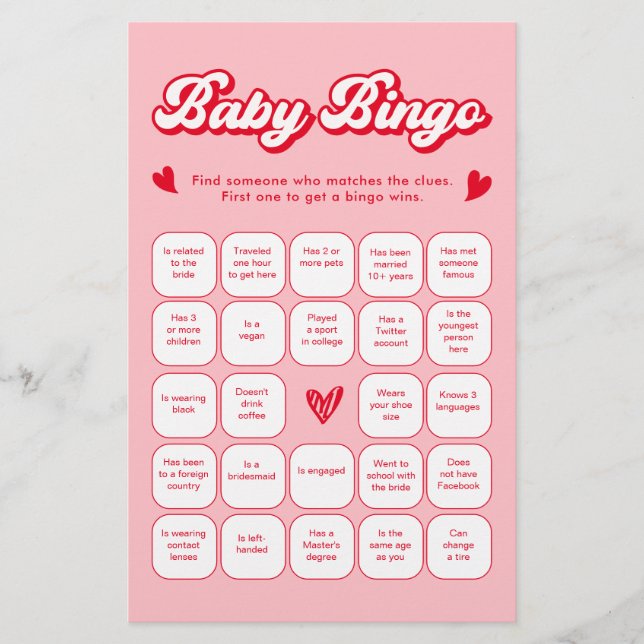 Valentine Baby Shower Find the Guest Bingo Game (Frente)