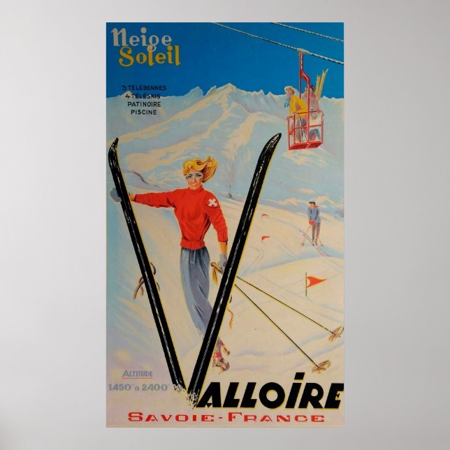 Valloire Savoie France Vintage Ski Poster (Frente)