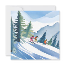 Vamos Esquiar | Cartão de Aquarela de Inverno