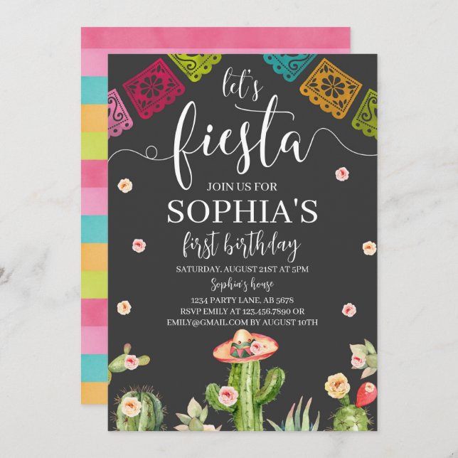Vamos Fiesta Birthday - Convite Preto (Frente/Verso)