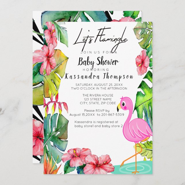Vamos Flamingle de Chá de fraldas tropical Convite (Frente/Verso)