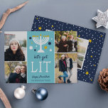 Vamos Sair | Cartão de Colagem Fotográfica Hanukka<br><div class="desc">Hora de acender... a menorah, é isso! Engraçado cartão com fotos Hanukkah apresenta "vamos acende-se" debaixo de uma ilustração menorah destacada com estrelas azuis e brancas. Adicione quatro de suas fotos favoritas em um layout de colagem, juntamente com seus nomes e uma saudação personalizada de Chanucá. Personalize a parte de...</div>