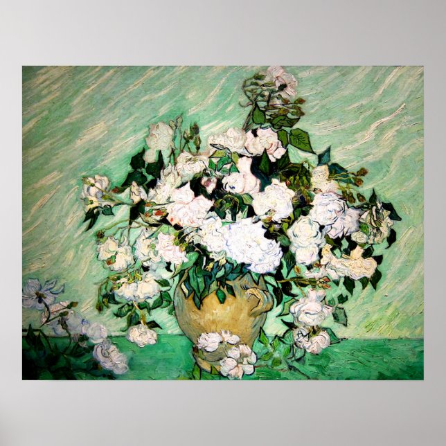 Van Gogh Vase com Poster de Rosas Rosa (Frente)