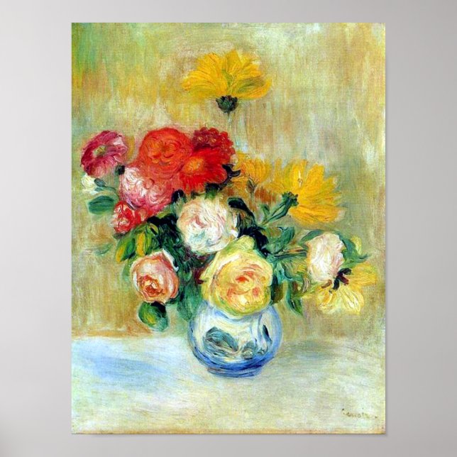 Vase de Rosas e Dahlias por Renoir Impressão (Frente)