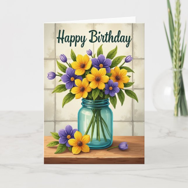 Vaso de Flores de Aniversário Vibrante com Cartão (Frente)