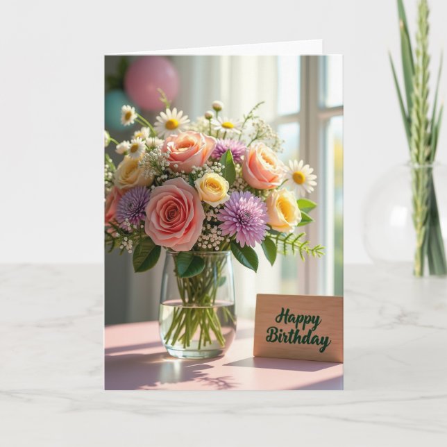 Vaso de Rosa de Aniversário Doce Cartão (Frente)