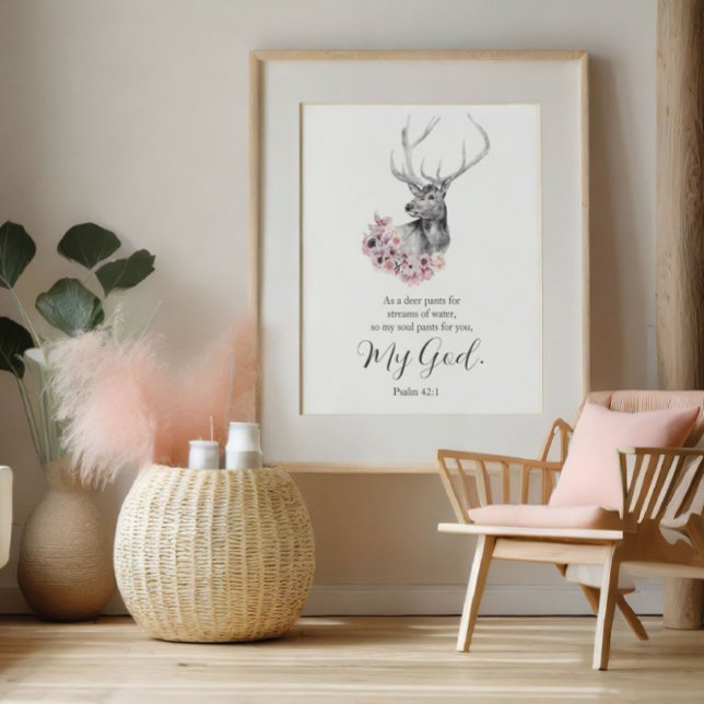 Veado de Aquarela Salms com Poster de Flores (Psalms Watercolor Deer with Flowers Poster)