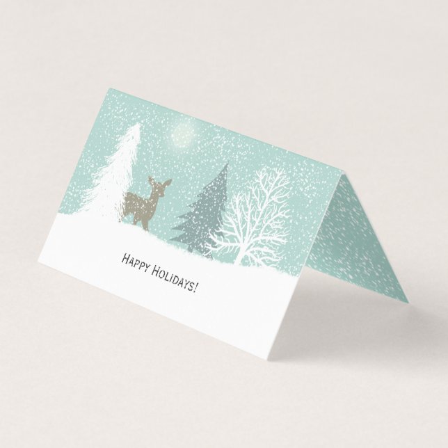 Veado de inverno na Wonderland, pinheiros de neve, (Frente)