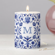 vela pilar monograma design azul branco