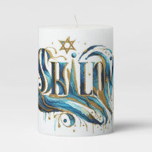 Velas de Shalom Aquarela Abstrato Azul Dourado Typ