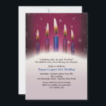 Velas do convite de aniversário<br><div class="desc">Um convite de festas para a celebração do aniversário de um adulto. A parte superior de Borgonha tem a "cintilação ilumina-se" e bolhas fracas como um fundo e caracteriza-se cinco velas em Borgonha e em matiz azuis. O cartão é fácil de personalizar com seus fraseio, opções da pia batismal, do...</div>