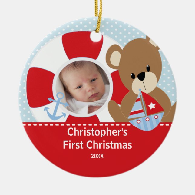 Veleiro do ornamento da foto do Natal dos bebês (Frente)