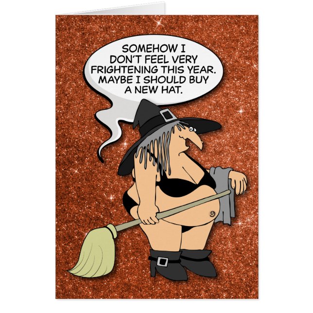 Velha bruxa gorda engraçada num cartão de Hallowee (Frente)