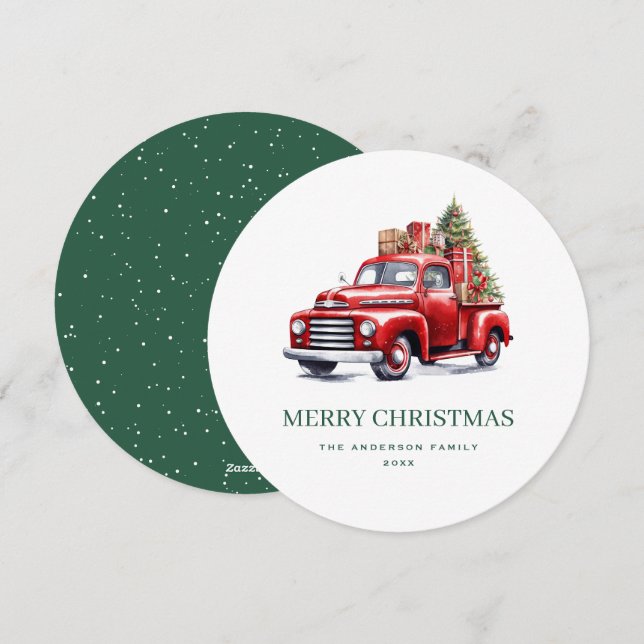 Velho Caminhão Vermelho Verde Feliz Cartão de Nata (Frente/Verso)