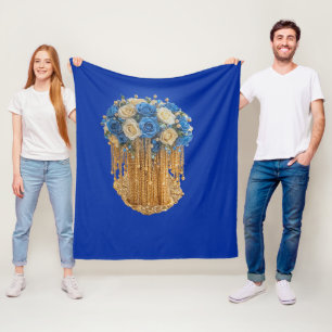 Velo Azul Real e Dourado Floral — Cobertor de Fleece