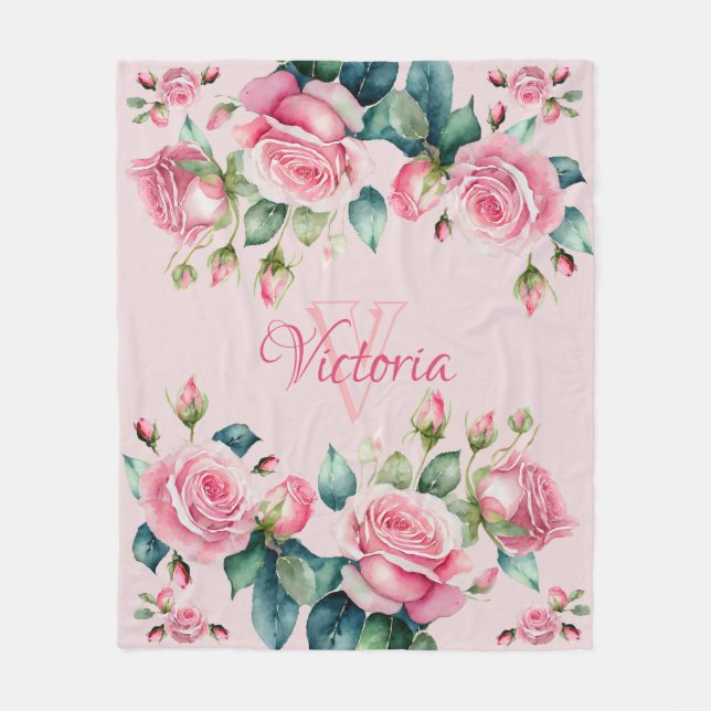 Velo Blush Blooms: Um Cobertor de Fleece com Rosa em Aq (Frente)