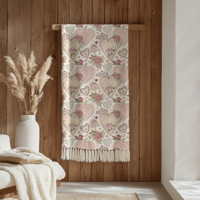 Velo Cobertor Aconchegante de São Valentim Rosa Bege Am (Cozy Valentine Blanket Blush Pink Love & Roses)