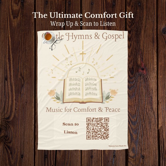 Velo Cobertor com Código QR de Musicoterapia Aconchegan (Senior sensory blanket featuring a vintage hymn book and a scannable QR code for classic hymns.)