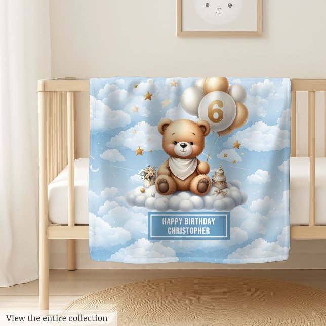 Velo cobertor de 6 anos com ursinho de água (6th birthday boy blanket with watercolor teddy)