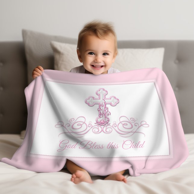 Velo Cobertor de Batismo de Bebê Menina Cruz Rosa (Pink cross christening and baptism baby blanket. Personalize with your text or leave as is.)