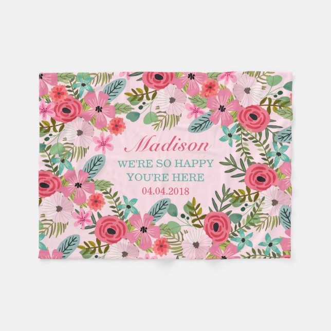 Velo cobertor de bebê floral cor-de-rosa personalizado (Frente (Horizontal))