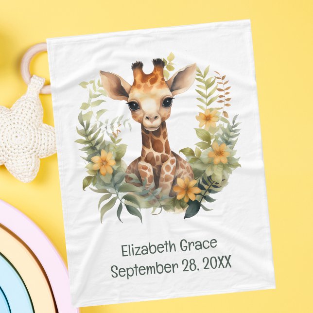Velo Cobertor de Bebê Girafa Recém-Nascida Floresta Flo (Birth Stats Baby Giraffe Baby Blanket. Add babies name and birthday. Baby Shower gift, New baby gift)