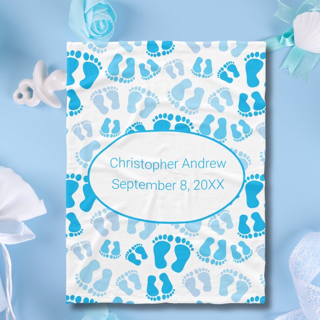 Velo Cobertor de Bebê Pés de Bebê Azul e Branco Estatís (Blue Baby Feet Birth Stats Personalized Baby Blanket for Baby Boy. Baby Shower Gift, Gift new baby)