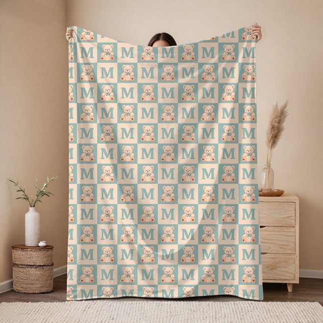 Velo Cobertor de Bebê Urso de Pelúcia Personalizado Pre (Custom Checkered Baby Name Blanket Gift for Baby Shower & Kids, Baby Initial Name Teddy Bear Blanket)