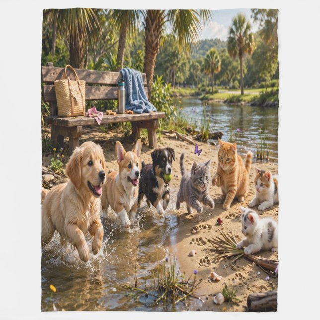 Velo Cobertor de Fleece à Beira do Rio com Cachorrinhos (Frente)