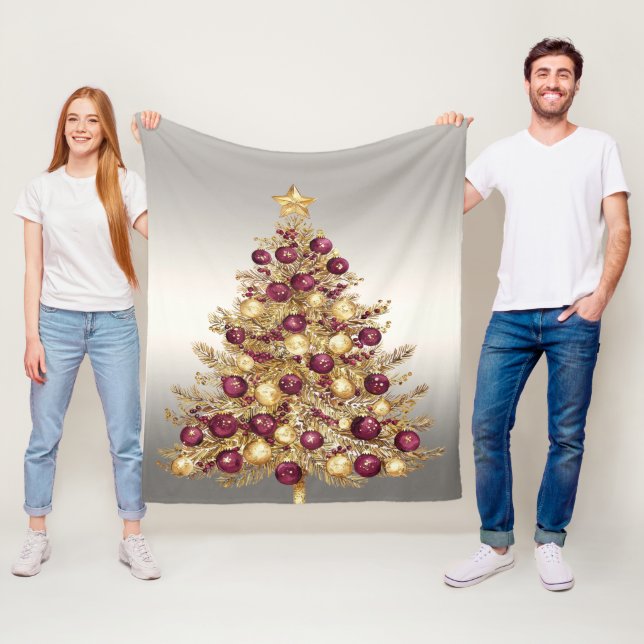 Velo Cobertor de Fleece Árvore de Natal Borgonha Dourad (In Situ)