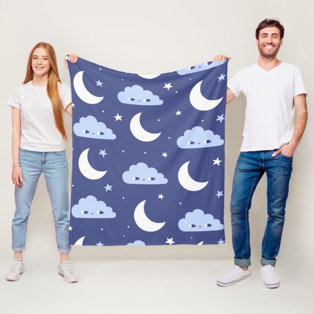 Velo Cobertor de Fleece Azul Escuro Kawaii Lua Estrelas (In Situ)