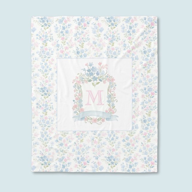 Velo Cobertor de Fleece com Aquarela Floral Personaliza (vintage preppy coquette grandmillennial pastel floral fleece blanket with custom monogram initial)